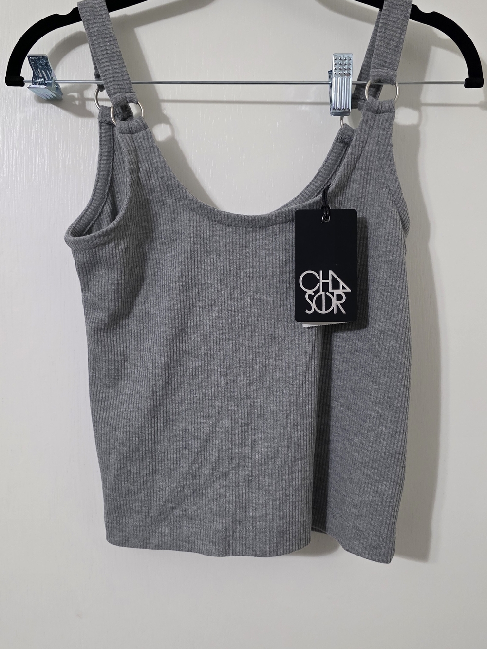 Women's Ribbed Gray Tank Top with Ring-Strap Detail Chaser-Small